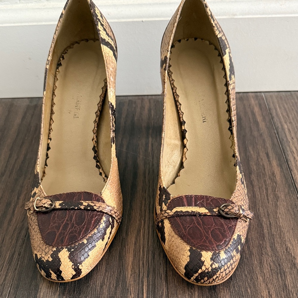 Snake-Print Brown Mid Heel Pumps